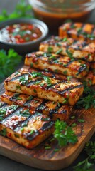 Delicious and Nutritious Grilled Tofu Skewers Served on a Wooden Board Garnished with Fresh Herbs and Spices for a Savory and Healthy Vegetarian or Vegan Meal