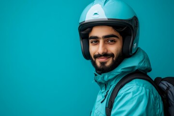 Fototapeta premium Food delivery with motorcycle and helmet in turquoise outfit on turquoise background