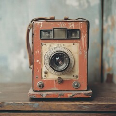 An old camera with a wooden case sits on a table. The camera is old and has a vintage look to it. The case is brown and has a strap attached to it