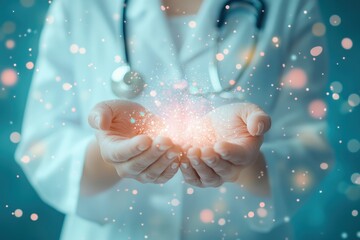 A healthcare professional holds sparkling energy in their hands in a serene environment