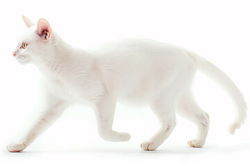 A white cat walking gracefully against a white background, showcasing its sleek body and elegant posture. The cat's fur is fluffy and bright, with striking green eyes that stand out.