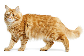 A fluffy orange cat walking gracefully on a white background. The cat has a long tail and a curious...