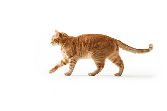 An orange tabby cat walking gracefully on a white background. The cat has distinctive stripes and a sleek body, showcasing its agility and elegance.