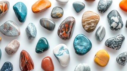 Bright, smooth stones arranged on a clean white background, with unique textures and colors