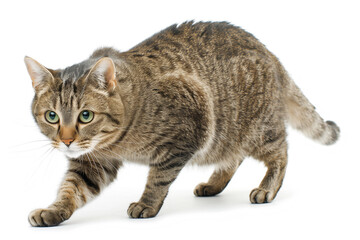 Obraz premium A tabby cat walking gracefully with a focused expression. The cat has a mix of brown and gray fur with distinct stripes, and its green eyes are alert. The background is plain white