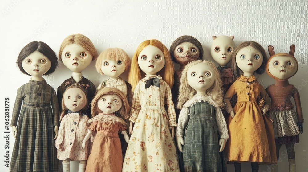 Aufkleber an eerie photograph featuring a collection of creepy dolls with different expressions, arranged on a