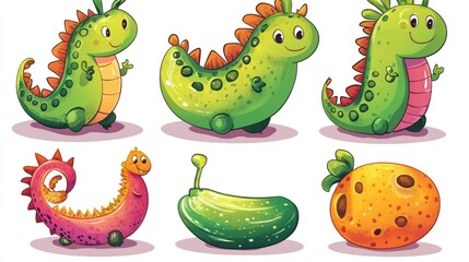 Obraz premium Cute Cartoon Dragons in Various Poses