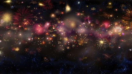 Fototapeta premium Spectacular fireworks illuminating dark night sky, representing fresh starts, captured with wide-angle lens, featuring ample space for text or graphics.