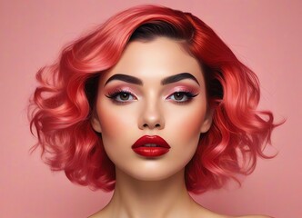 Fototapeta premium A stylized portrait of a woman with exaggerated facial features and pink hair