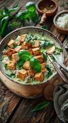 Closeup of a delicious and nutritious Asian inspired meal served in a rustic wooden bowl  The dish features a variety of fresh vegetables herbs and seasoned protein