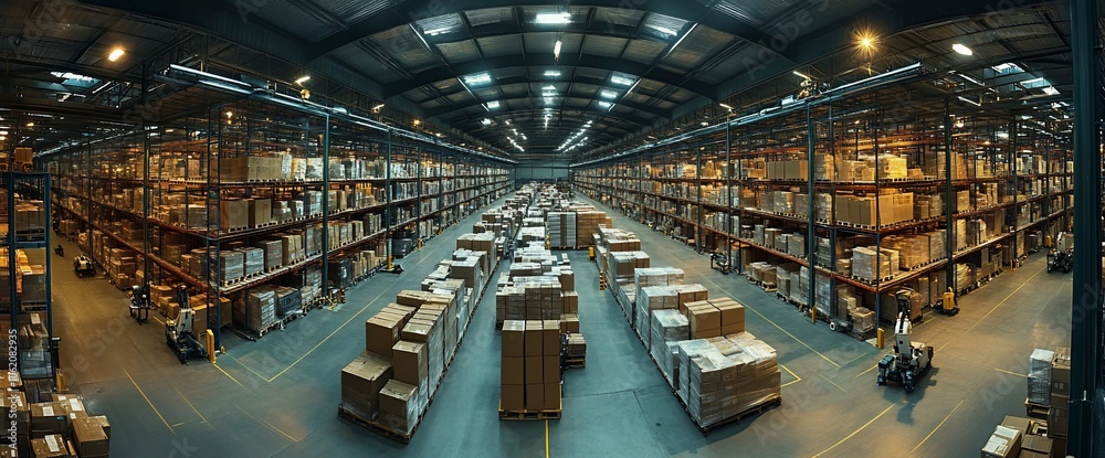 Poster a large warehouse with high shelves stocked with boxes and pallets. forklifts are moving through the
