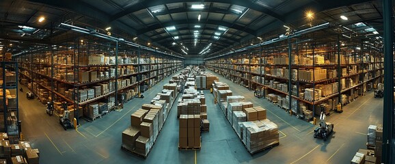 A large warehouse with high shelves stocked with boxes and pallets.  Forklifts are moving through the aisles.