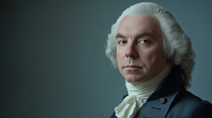 A man in historical attire poses confidently against a muted background, capturing the essence of an 18th-century figure