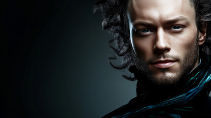 A contemplative man with curly hair posed dramatically against a dark background, highlighting his intense gaze and confident demeanor