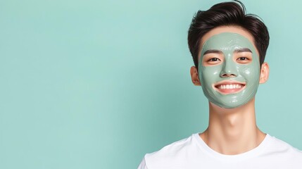 Asian man with clay mask, calm expression, deep cleansing skincare