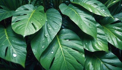 Tropical Rainforest Texture: A vibrant, close-up shot of lush green leaves, adorned with glistening water droplets.
