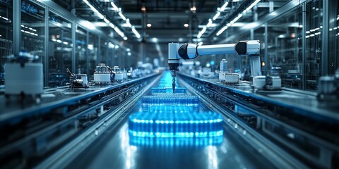 Obraz premium Smart factory working with robots, production hall, future technologies, smart robots, artificial intelligence