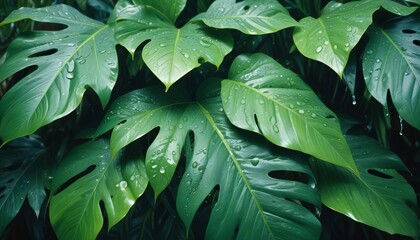 Fototapeta premium Tropical Rainforest Leaves: Lush, vibrant green Monstera deliciosa leaves with water droplets, showcasing their intricate textures and patterns. A close-up shot that evokes the feeling of a humid.
