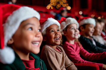 group of happy kids in santa hats watching christmas performance in a theater