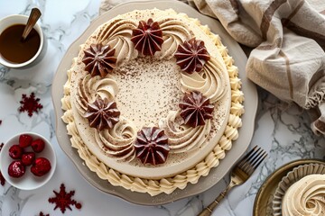 Decadent Cream Cake With Chocolate Decorations on a Marble Table During a Cozy Celebration