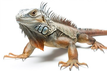 Obraz premium Close-up of iguana on white backdrop, detail in scales