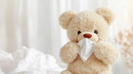 Obraz premium Teddy bear holding a tissue and appearing to sneeze, emphasizing the flu or cold symptoms, cold teddy bear