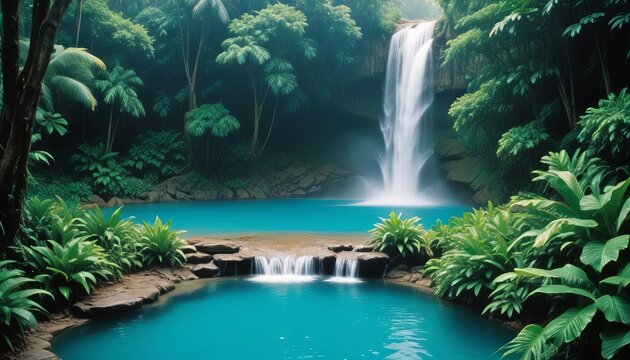 Tropical Paradise Waterfall: A serene waterfall cascades into a crystal-clear lagoon surrounded by lush tropical foliage, creating a breathtaking natural oasis.  