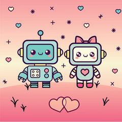 Cute Robots couple kawaii style