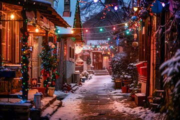 Snow-covered Street Decorated With Colorful Lights During Winter Evening Festivities