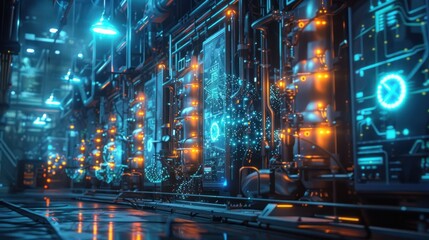 A smart grid with energy consumption data displayed on digital screens. The scene is futuristic with blue lighting, highlighting smart technology and energy management.