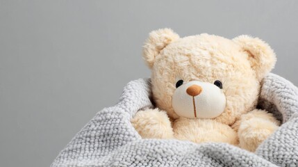 Obraz premium Teddy bear under a blanket, with eyes half-closed and a sad expression, symbolizing feeling unwell, teddy bear cozy sick