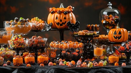 A Halloween candy buffet, with a variety of sweets and treats, all decorated with spooky elements for the occasion.