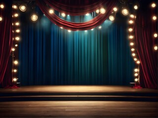 An empty theater stage with elegant red curtains and stairs