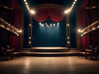 An empty theater stage with elegant red curtains and stairs