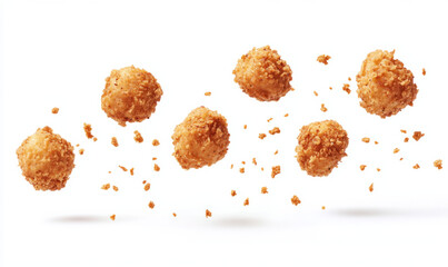Crispy fried balls floating in mid-air against a white background