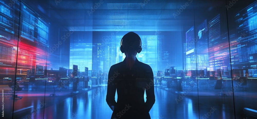 Poster A lone figure stands in a futuristic room, surrounded by glowing screens displaying data and code, emphasizing the digital age and the importance of technology.