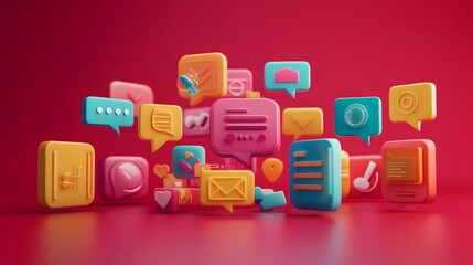 Colorful communication icons on a vibrant background.