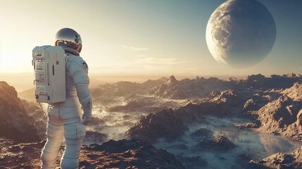Astronaut standing on a rocky planet, looking out at a distant planet.
