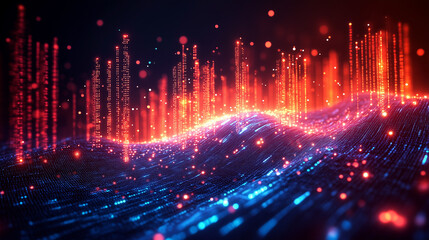 Fototapeta premium Abstract Digital Landscape: A mesmerizing interplay of vibrant red and blue lines dances across a dark, abstract landscape, evoking a sense of energy, dynamism.