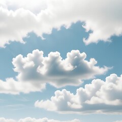 Fototapeta premium Serene Sky: A symphony of white, fluffy clouds drifts across a canvas of azure blue, evoking a sense of tranquility and peace. The soft, ethereal glow of the sun bathes the clouds in a gentle light.