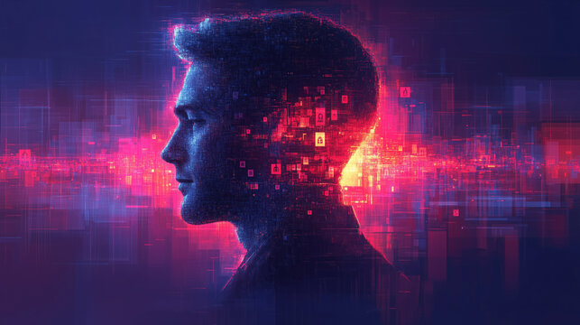 Digital Mind: A futuristic and abstract portrait of a man with data and code flowing through his head, symbolizing the power of technology and innovation.