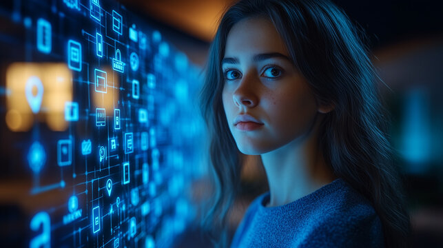 The Future is Now:  A young woman stands before a futuristic interface, her eyes reflecting the boundless possibilities of technology.  Her gaze is both hopeful and determined.