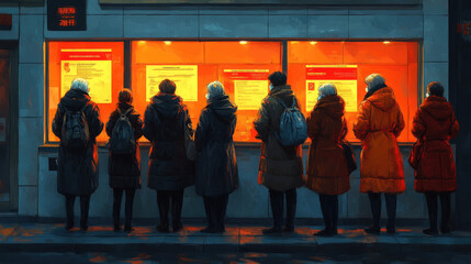 A diverse group of individuals stands in line, reading announcements glowing from a brightly lit display in a lively city