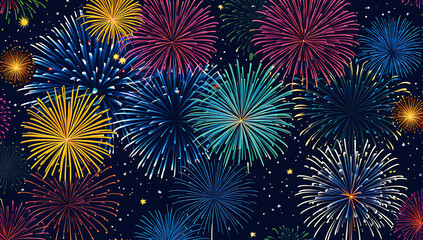 Fototapeta premium a vibrant cityscape photograph featuring a nighttime skyline with a series of large, colorful fireworks exploding in the sky. The fireworks display a range of colors,