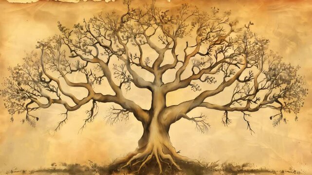 Ancient Roots: A genealogy tree adorned with faded parchment and delicate ink, showcasing the intricate branches and ancestors of a noble family