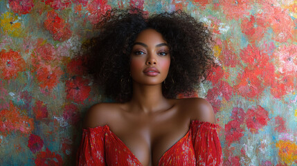 A woman with beautiful curly hair gazes confidently in front of a colorful floral wall in natural light