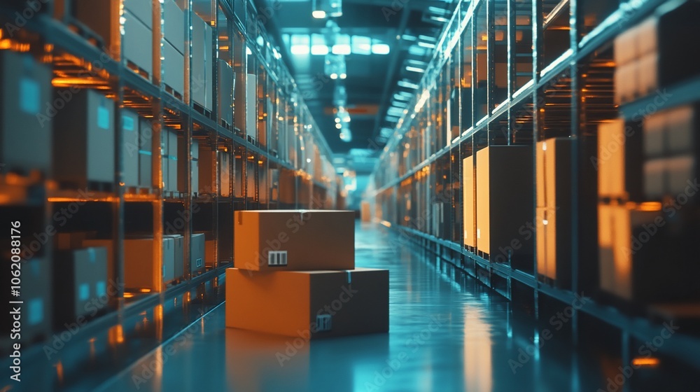 Poster a long aisle in a warehouse with rows of shelves stacked with cardboard boxes.