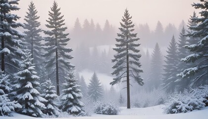Fototapeta premium Winter Wonderland: A serene winter scene unfolds with snow-laden pine trees standing tall against a misty backdrop, evoking a sense of peace and tranquility. The soft.
