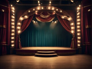 An empty theater stage with elegant red curtains and stairs