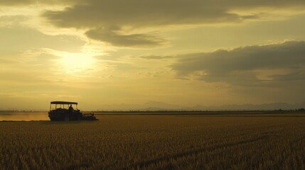 Fototapeta premium Farmer Plowing Paddy Field at Sunset